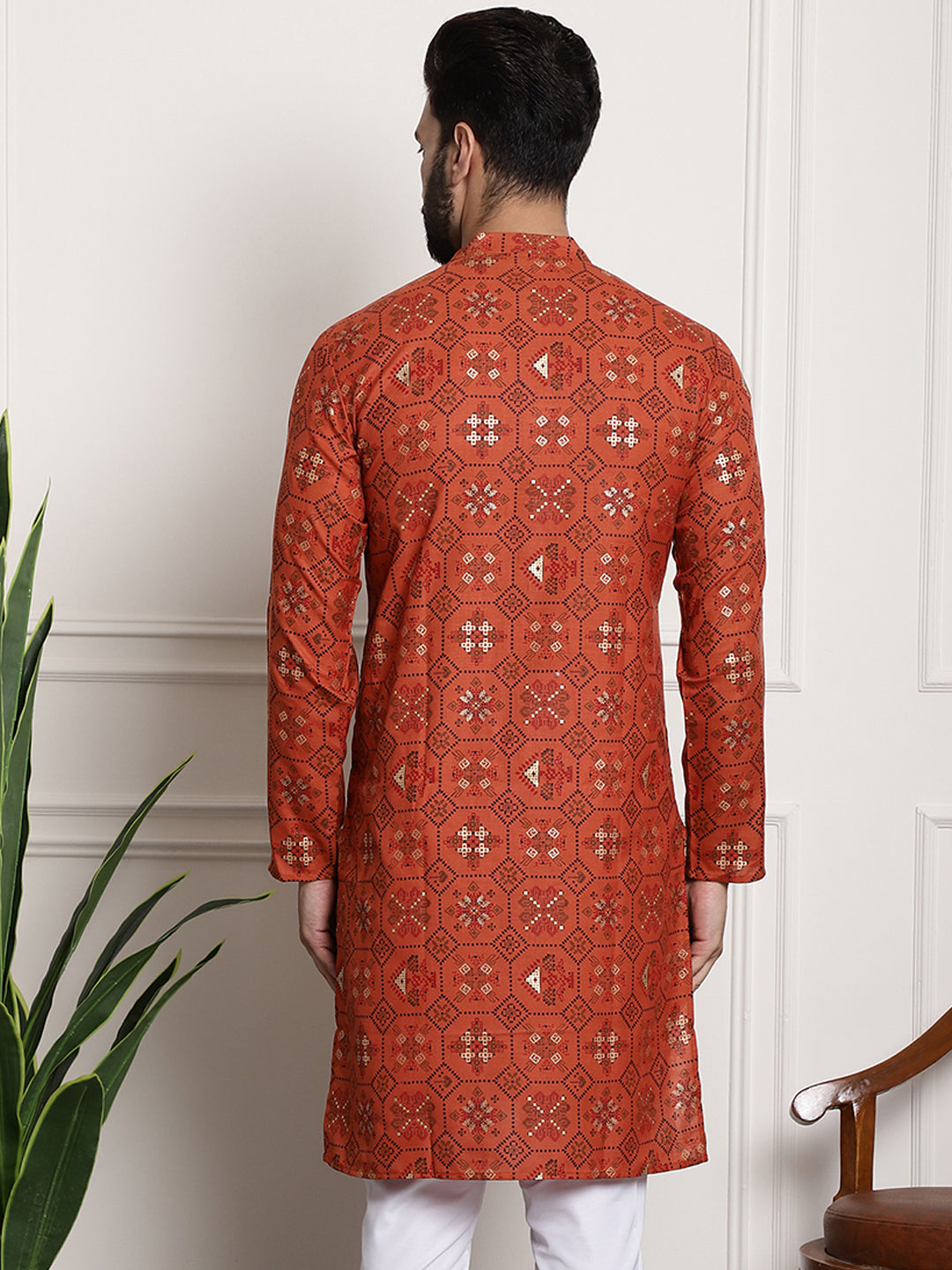 Men's Cotton Blend Floral Design Orange Only Long Kurta