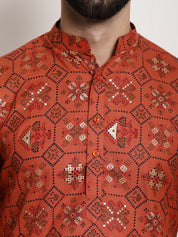 Men's Cotton Blend Floral Design Orange Only Long Kurta