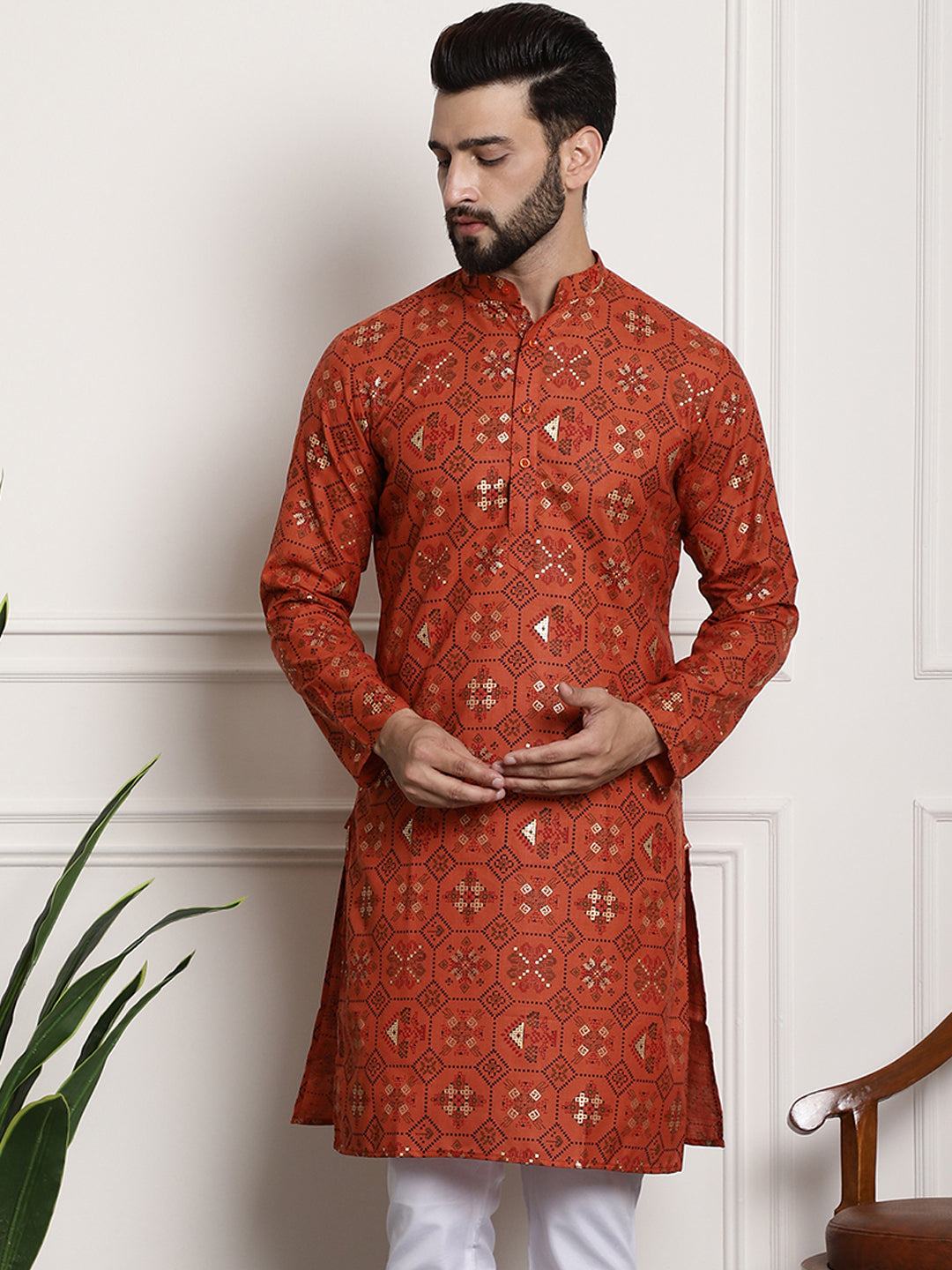 Men's Cotton Blend Floral Design Orange Only Long Kurta