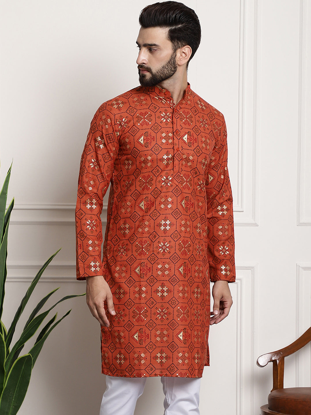 Men's Cotton Blend Floral Design Orange Only Long Kurta