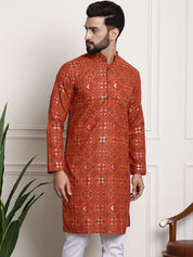 Men's Cotton Blend Floral Design Orange Only Long Kurta