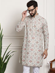 Men's Cotton Blend Floral Design Cream Only Long Kurta