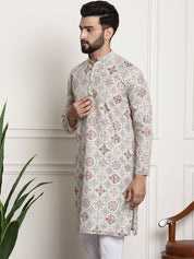 Men's Cotton Blend Floral Design Cream Only Long Kurta