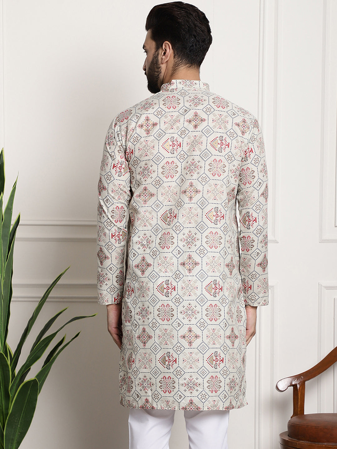 Men's Cotton Blend Floral Design Cream Only Long Kurta