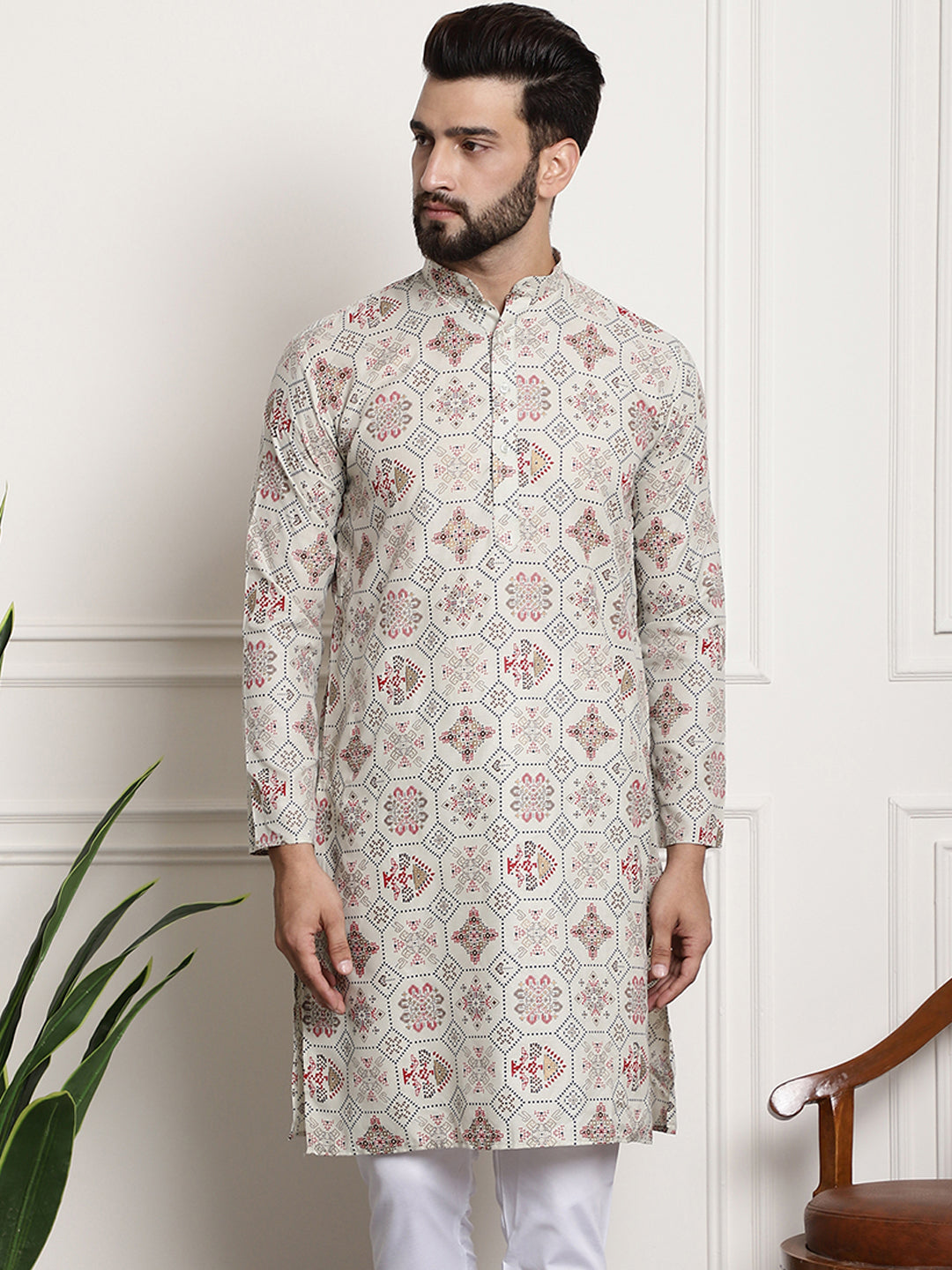 Men's Cotton Blend Floral Design Cream Only Long Kurta