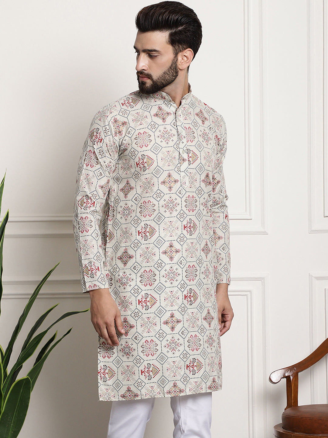 Men's Cotton Blend Floral Design Cream Only Long Kurta