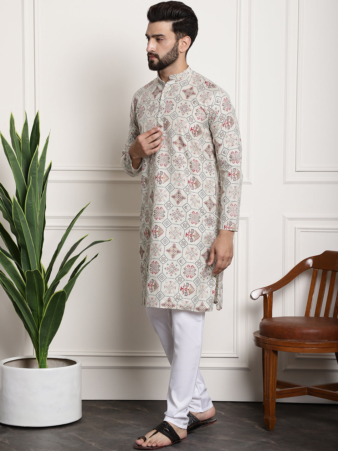 Men's Cotton Blend Cream Kurta and Churidar Pyjama Set