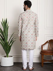 Men's Cotton Blend Cream Kurta and Churidar Pyjama Set