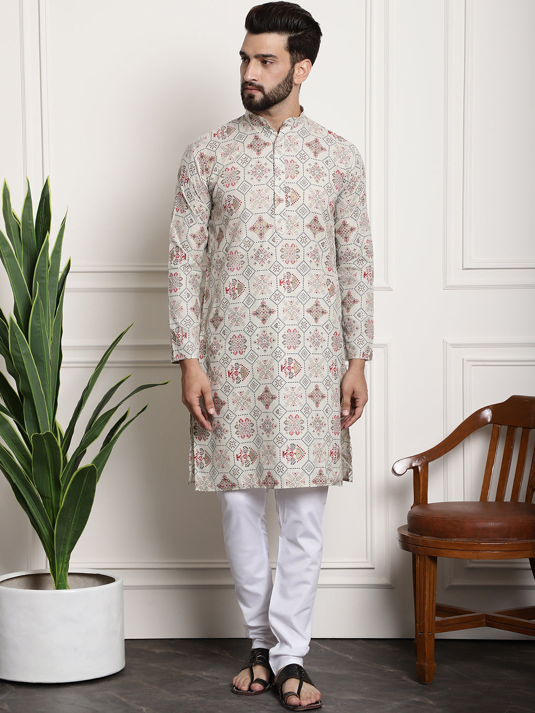 Men's Cotton Blend Cream Kurta and Churidar Pyjama Set