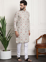 Men's Cotton Blend Cream Kurta and Churidar Pyjama Set