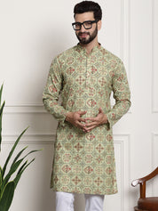 Men's Cotton Blend Floral Design Pista Green Only Long Kurta