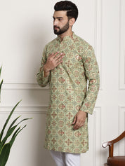 Men's Cotton Blend Floral Design Pista Green Only Long Kurta