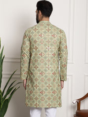 Men's Cotton Blend Floral Design Pista Green Only Long Kurta