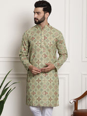 Men's Cotton Blend Floral Design Pista Green Only Long Kurta