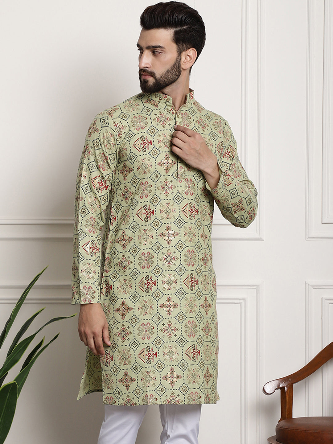 Men's Cotton Blend Floral Design Pista Green Only Long Kurta