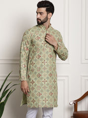 Men's Cotton Blend Floral Design Pista Green Only Long Kurta