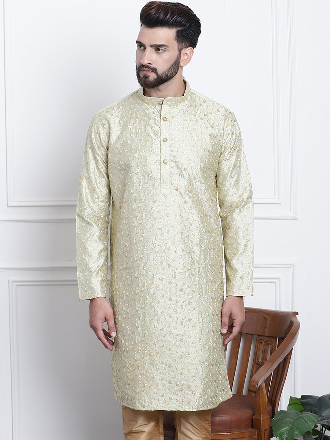 Men's Silk Blend Embroidered Pista Long Kurta