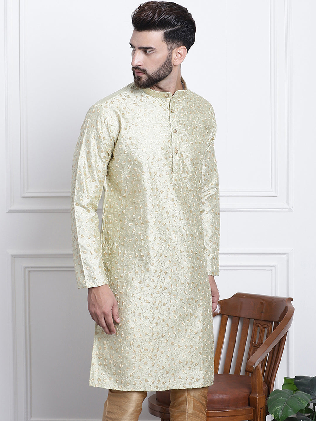 Men's Silk Blend Embroidered Pista Long Kurta