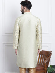 Men's Silk Blend Embroidered Pista Long Kurta