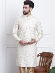 Men's Silk Blend Embroidered Cream Long Kurta