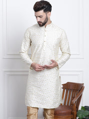 Men's Silk Blend Embroidered Cream Long Kurta