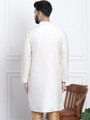 Men's Silk Blend Embroidered Cream Long Kurta