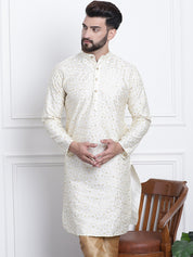 Men's Silk Blend Embroidered Cream Long Kurta