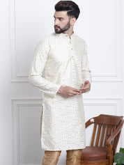 Men's Silk Blend Embroidered Cream Long Kurta