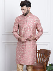 Men's Silk Blend Embroidered Coral Long Kurta