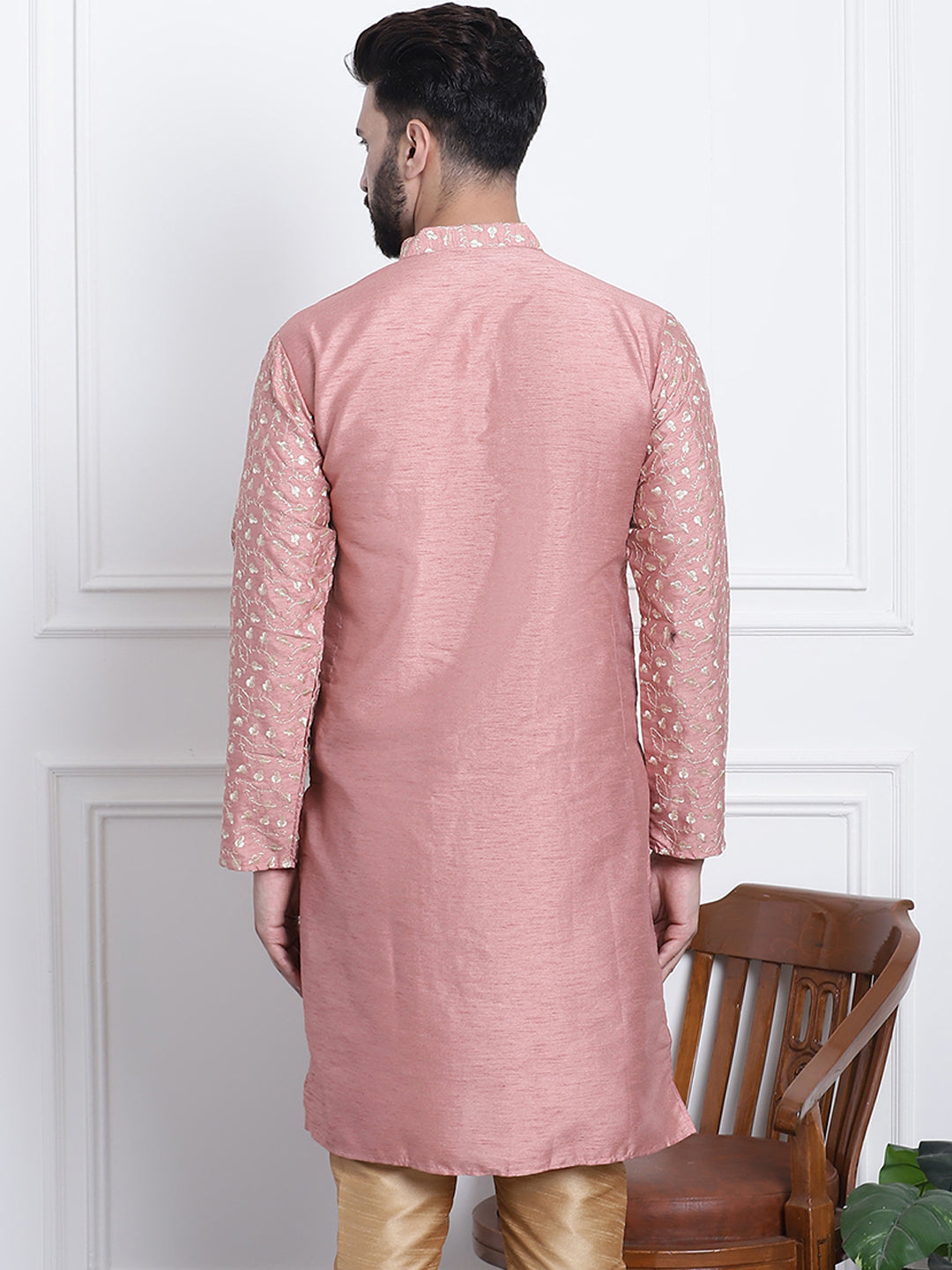 Men's Silk Blend Embroidered Coral Long Kurta