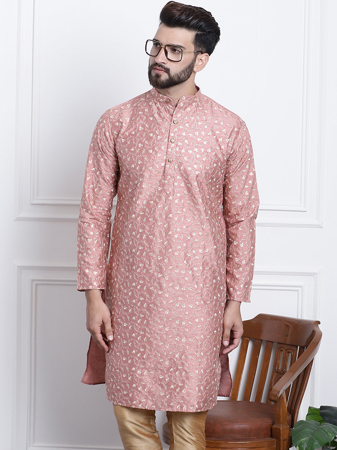 Men's Silk Blend Embroidered Coral Long Kurta