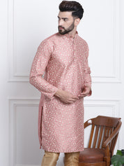 Men's Silk Blend Embroidered Coral Long Kurta