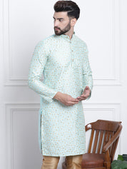 Men's Silk Blend Embroidered Sea Green Long Kurta