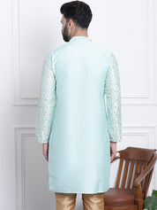 Men's Silk Blend Embroidered Sea Green Long Kurta