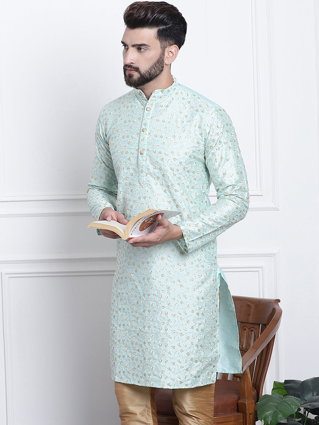 Men's Silk Blend Embroidered Sea Green Long Kurta