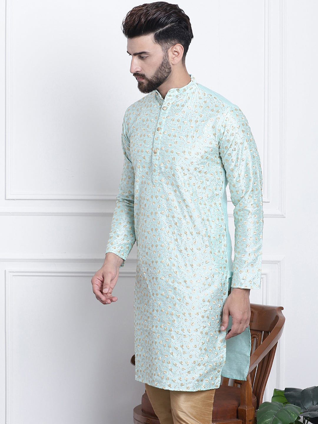 Men's Silk Blend Embroidered Sea Green Long Kurta