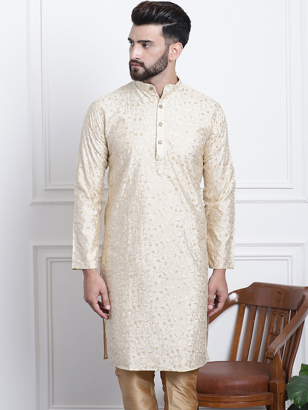 Men's Silk Blend Embroidered Gold Long Kurta