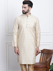 Men's Silk Blend Embroidered Gold Long Kurta