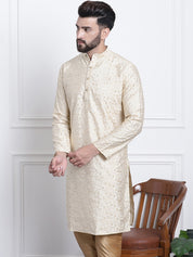 Men's Silk Blend Embroidered Gold Long Kurta