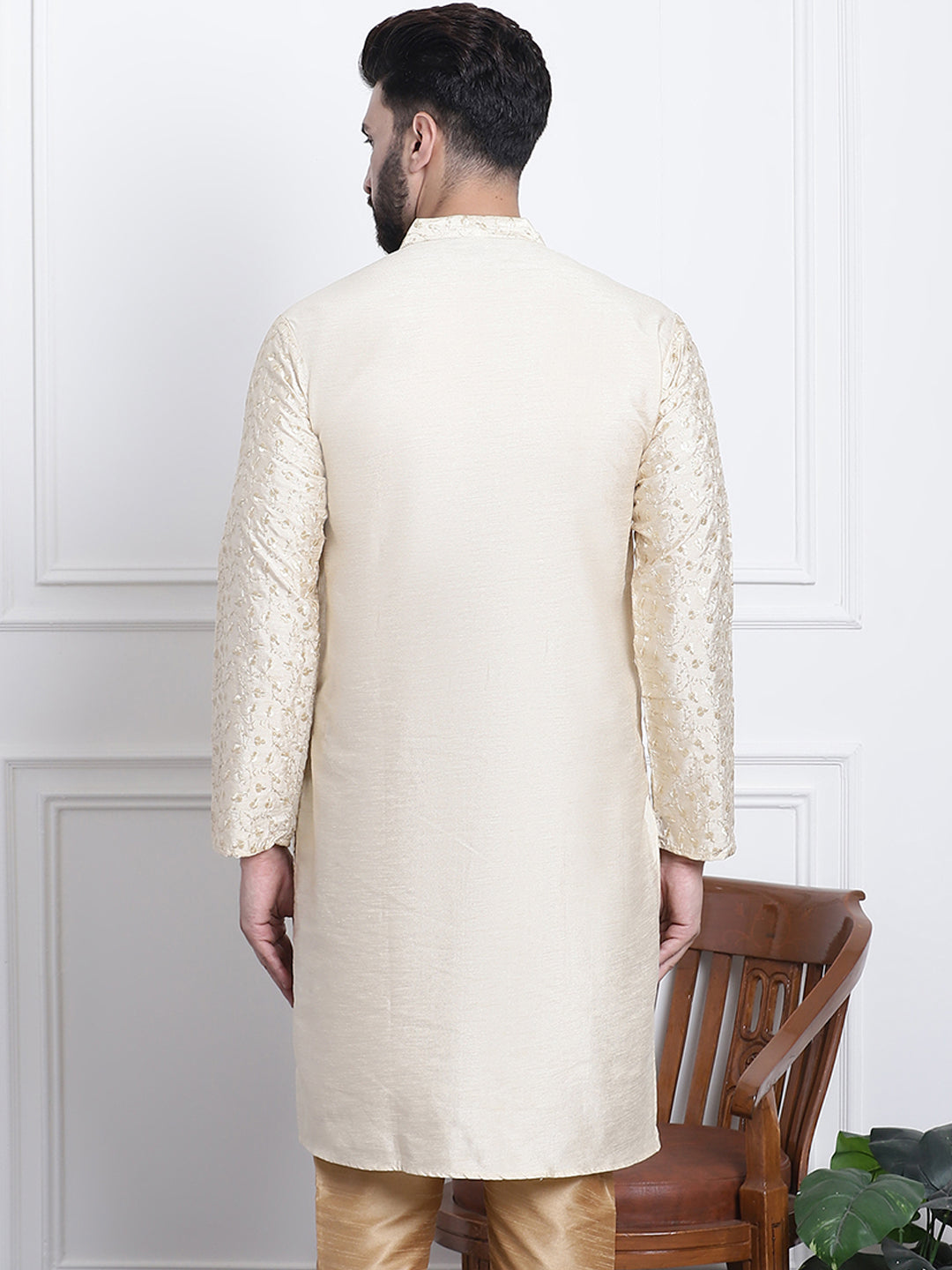 Men's Silk Blend Embroidered Gold Long Kurta