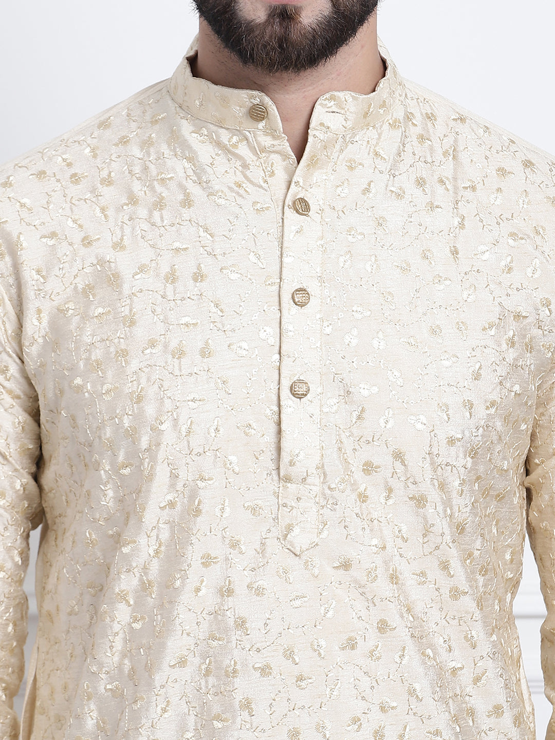 Men's Silk Blend Embroidered Gold Long Kurta