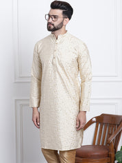 Men's Silk Blend Embroidered Gold Long Kurta