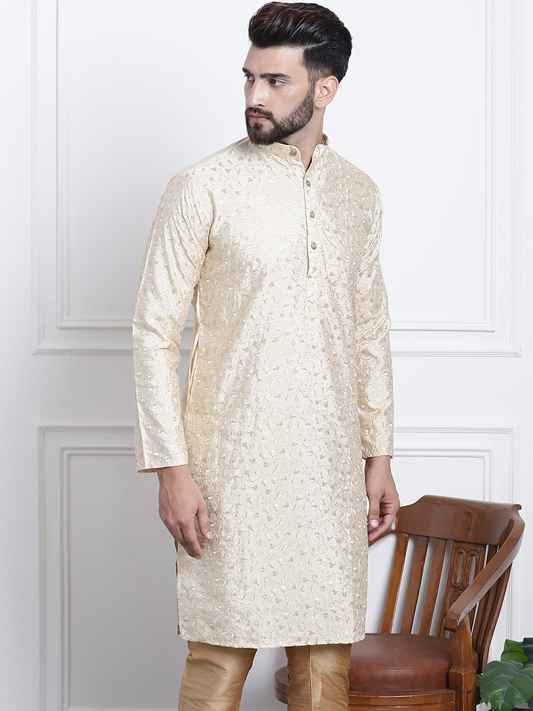 Men's Silk Blend Embroidered Gold Long Kurta