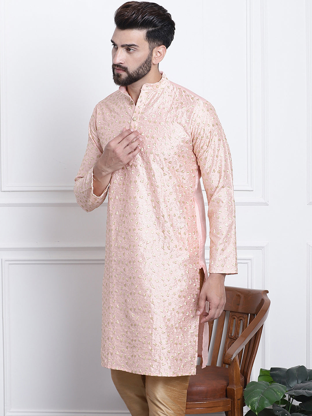 Men's Silk Blend Embroidered Peach Long Kurta