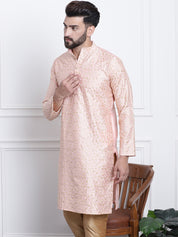 Men's Silk Blend Embroidered Peach Long Kurta