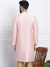 Men's Silk Blend Embroidered Peach Long Kurta