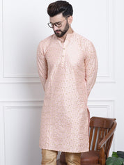 Men's Silk Blend Embroidered Peach Long Kurta