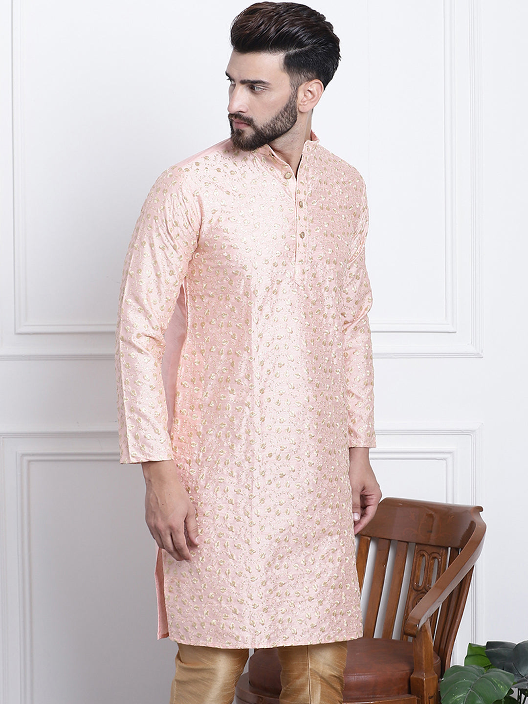 Men's Silk Blend Embroidered Peach Long Kurta