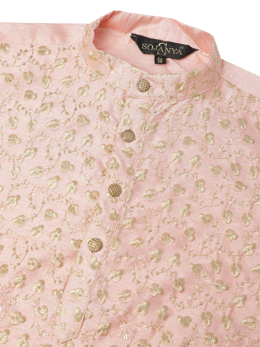 Men's Silk Blend Embroidered Peach Long Kurta