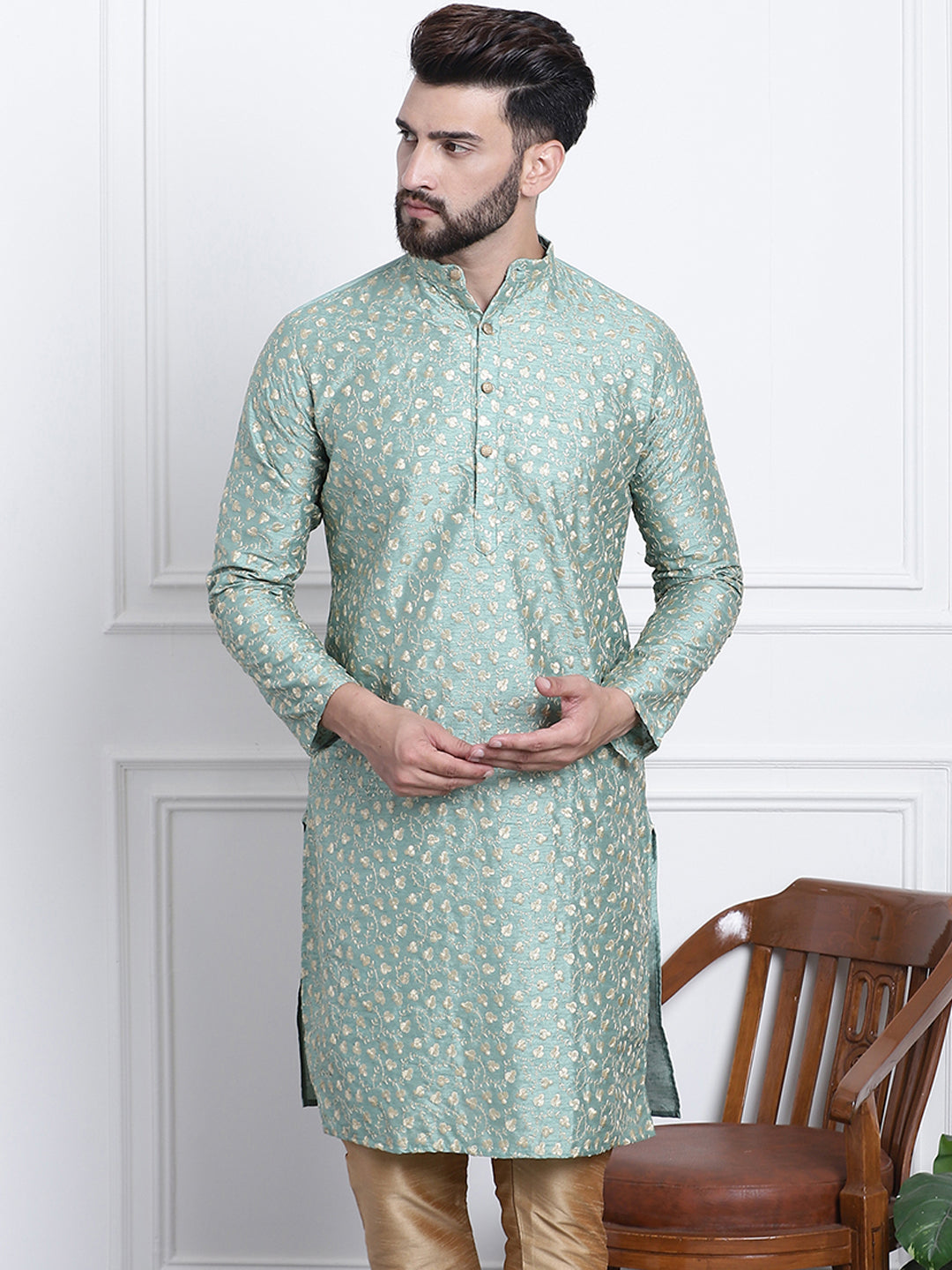 Men's Silk Blend Embroidered Dark Pista Long Kurta